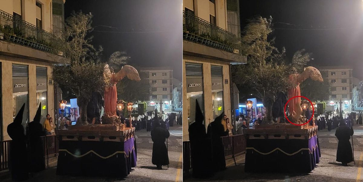 Momento en el que el ala izquierda del ángel de La Oración en el Huerto se desprende en la bajada por la calle Santa Cruz.