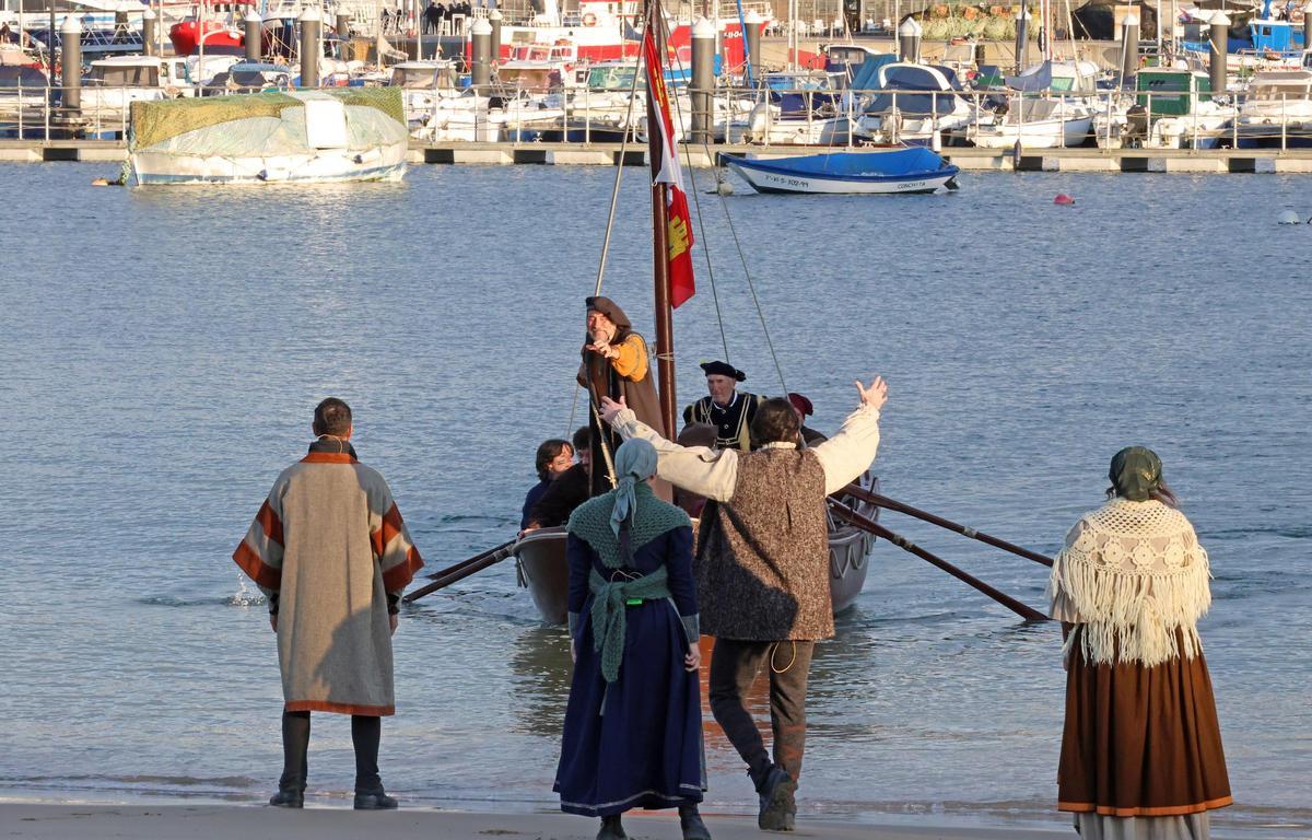 Recreación de la arribada de Pinzón a Baiona.