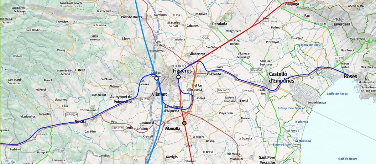 Una xarxa de node Figueres. Les línies actuals, la variant al llarg de la N-II, l’estació de mercaderies a Vilamalla i les extensions a est (Castelló d’Empúries i Roses) i a oest (Olot).