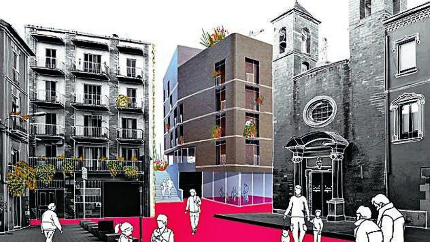 Recreació de com quedaria la plaça de l&#039;Hospital amb el nou edifici ja construït, al fons a la dreta