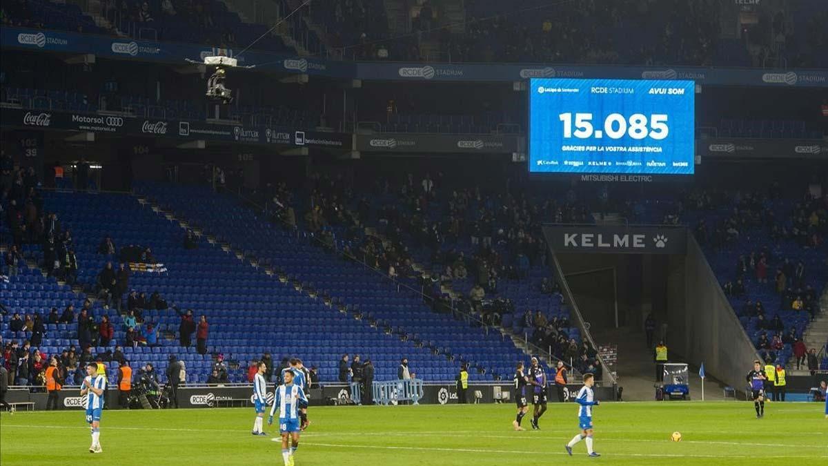 El Espanyol compensará a sus abonados por la crisis del coronavirus, como explica Josep Maria Duran, director general del club. En la foto, un aspecto del RCDE Stadium durante el partido entre Espanyol y Leganés. 