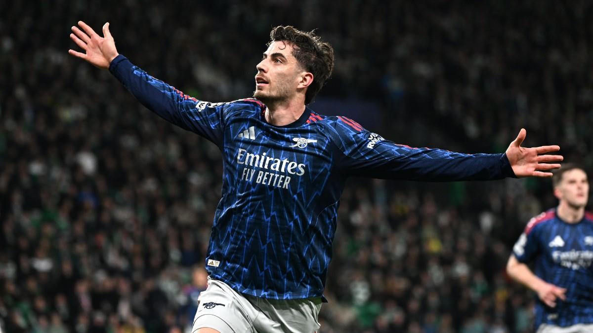 07 April 2026, Portugal, Lisbon: Arsenal's Kai Havertz celebrates scoring his side's first goal during the UEFA Champions League quarter final first leg soccer match between Sporting Lisbon and Arsenal at the Jose Alvalade Stadium. Photo: Zed Jameson/PA Wire/dpa 07/04/2026 ONLY FOR USE IN SPAIN