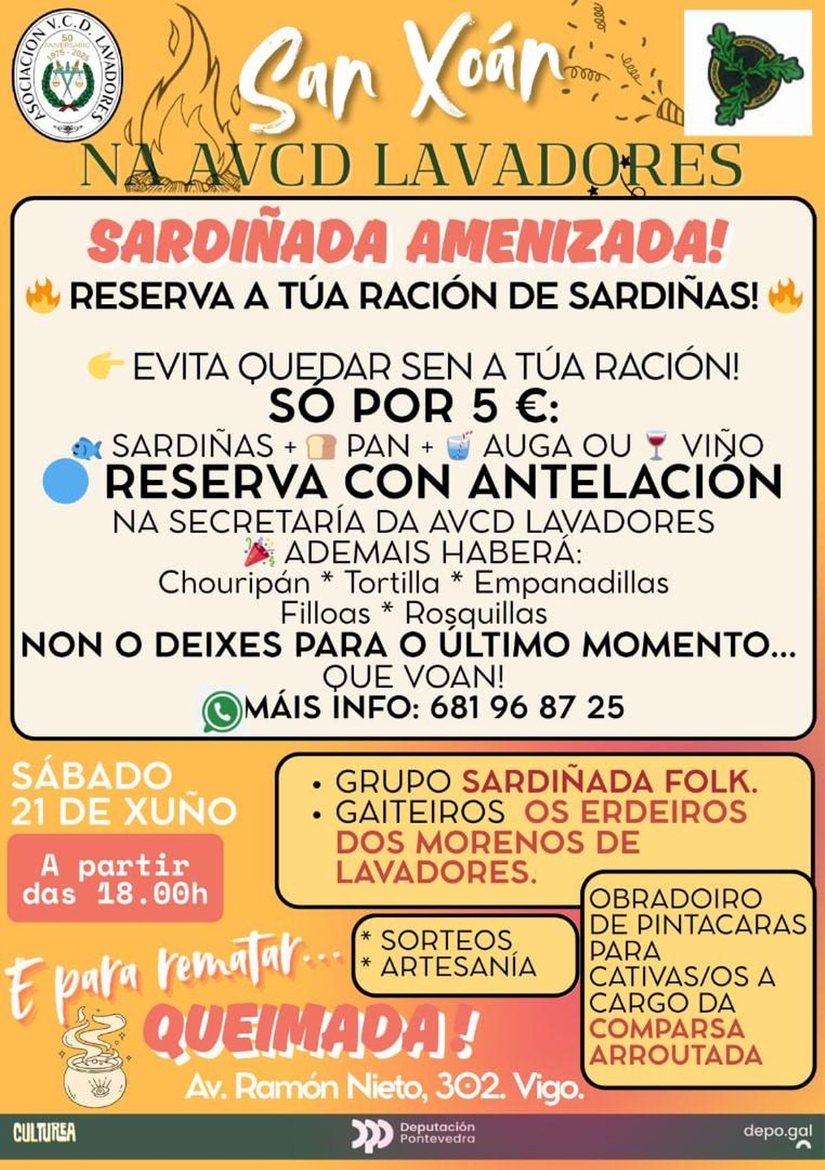 Cartel de la fiesta de San Xoán 2025 en la AVCD Lavadores de Vigo.
