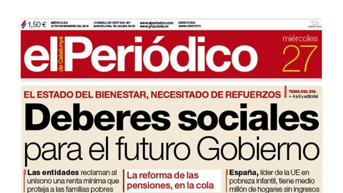 La portada de EL PERIÓDICO del 27 de noviembre.