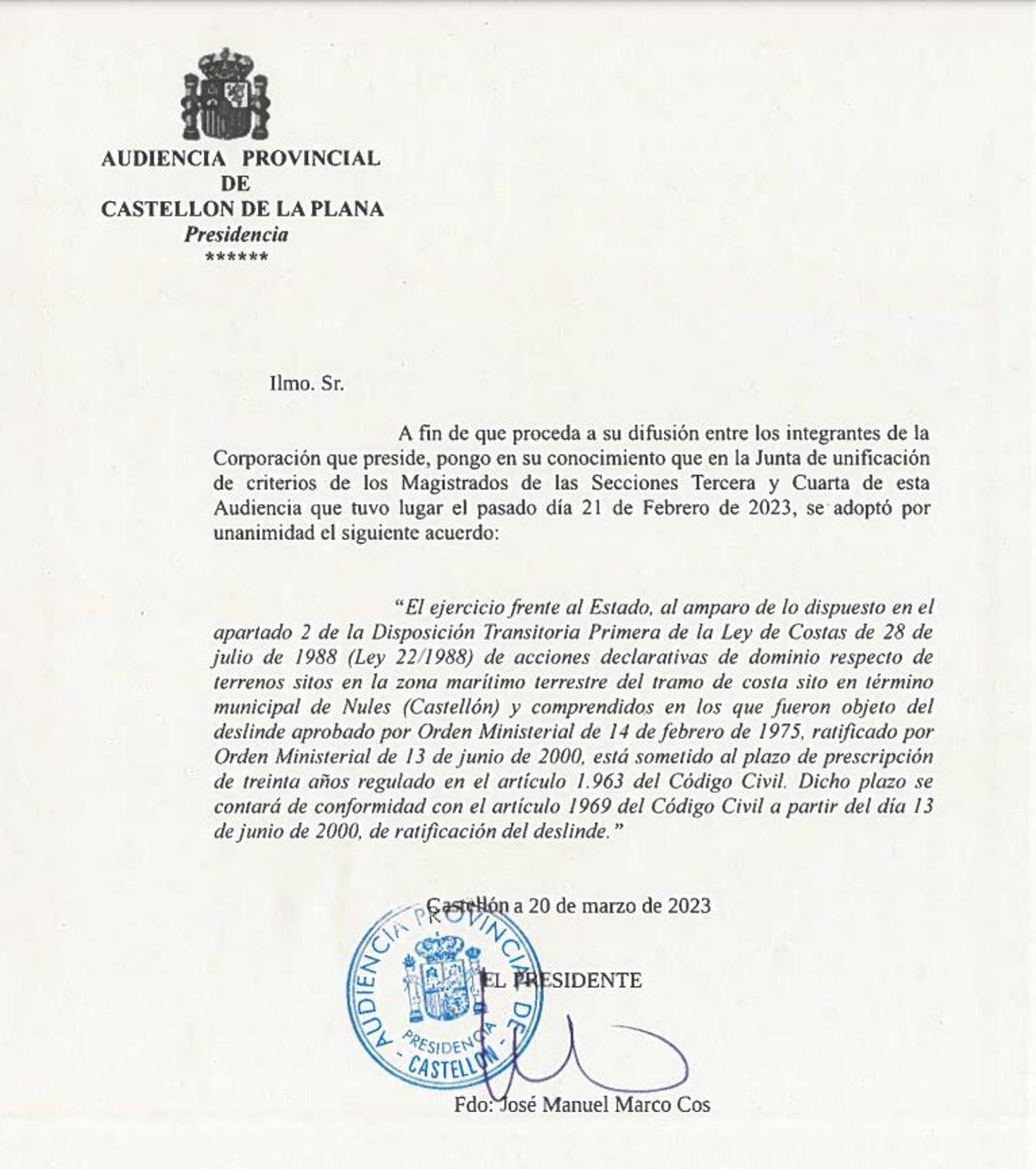 Reproducción del documento de la Audiencia Provincial de Castellón en el que establecen que ‘les casetes’ tienen derecho a la concesión porque estas no están prescritas.