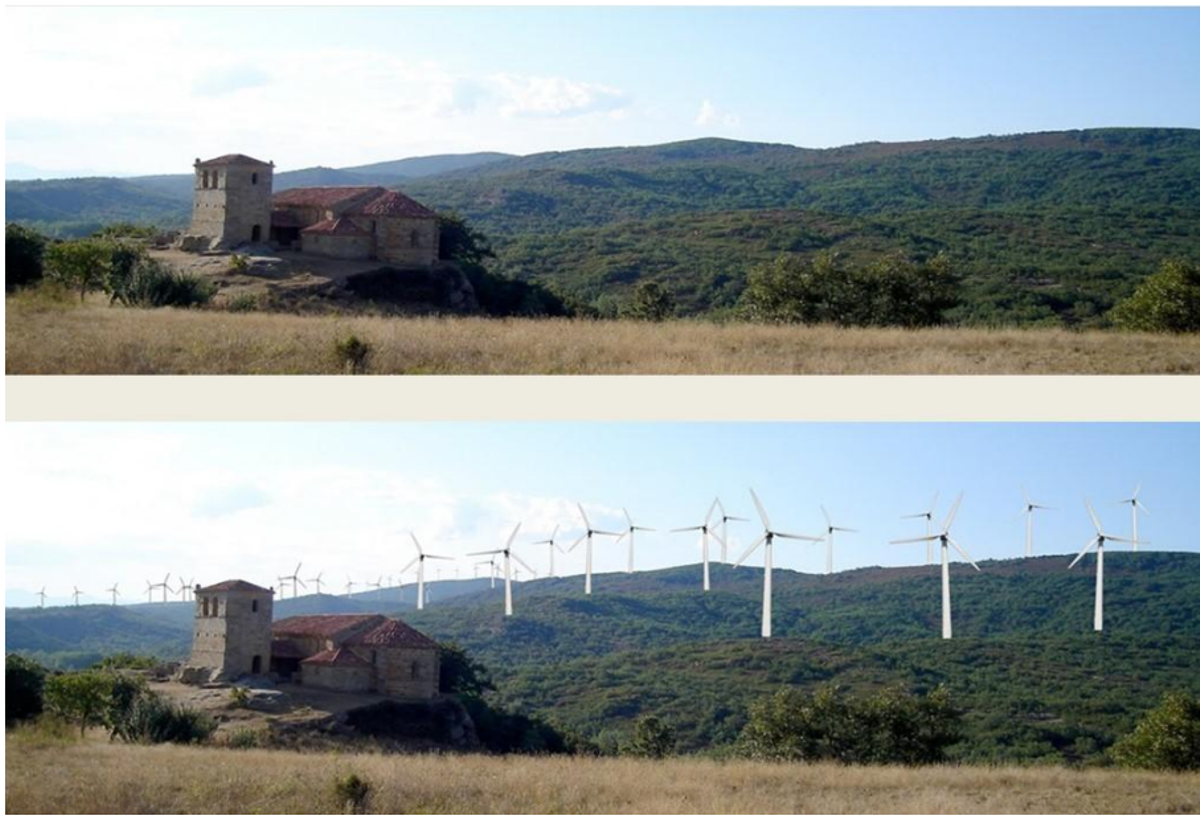 Fotomontaje de una iglesia románica de Palencia antes y después de colocarse los aerogeneradores.