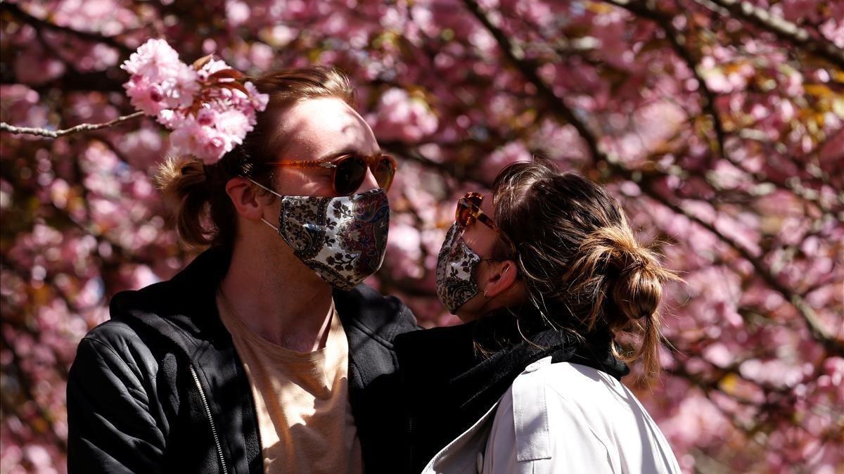 Dos berlineses con mascarilla debajo de los cerezos en flor del parque Treptow, el domingo de Pascua