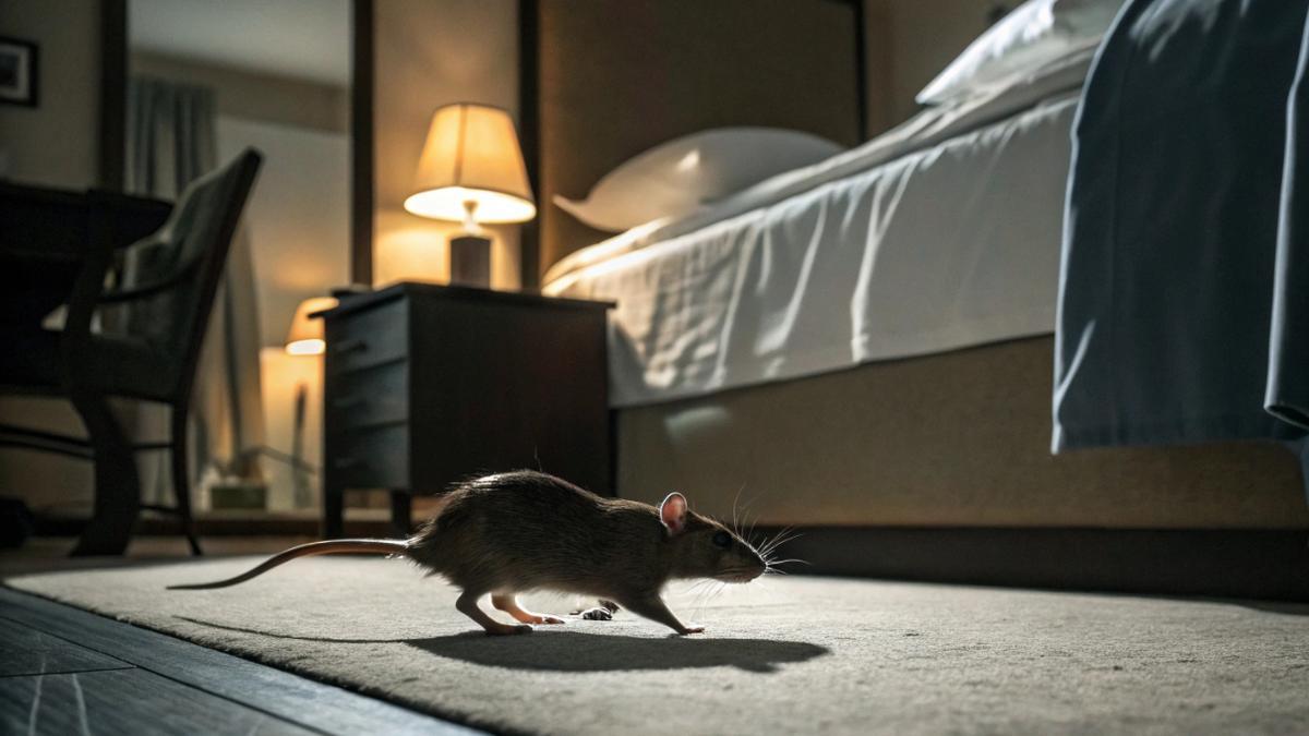 Imagen generada por inteligencia artificial de una rata corriendo por la habitación de un hotel.
