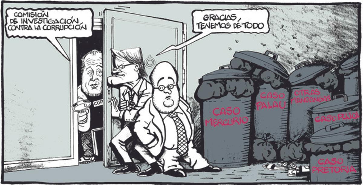 25 de noviembre del 2014. Viñeta de Ferreres que muestra las reticencias de algunos partidos para que el Parlament investigue sus presuntos casos de corrupción.