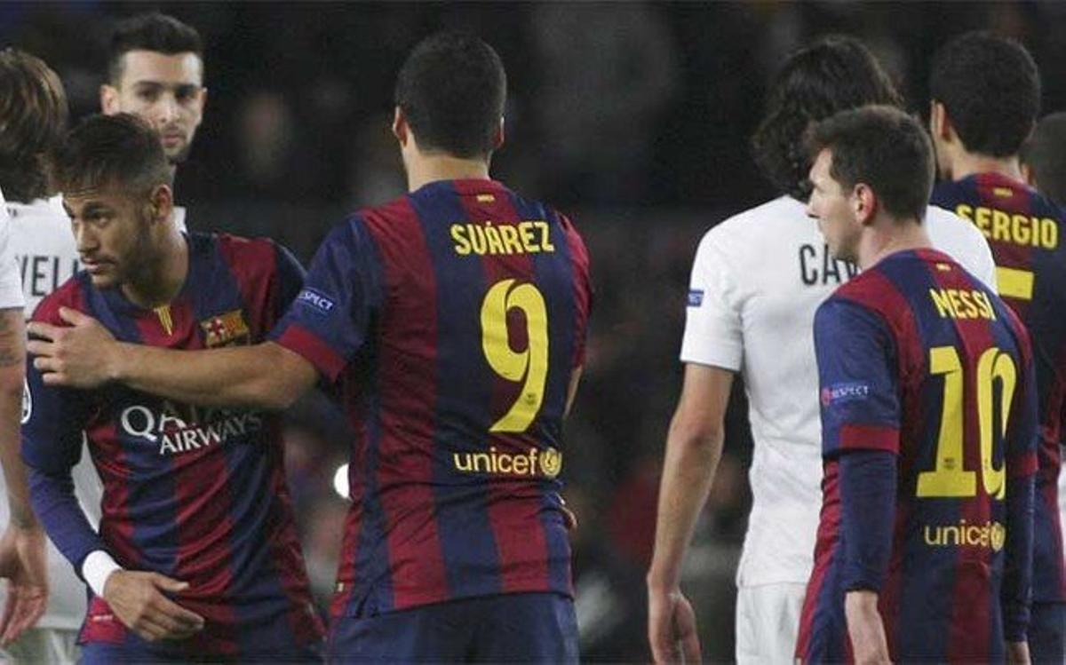 Messi, Luis Suárez y Neymar celebran uno de sus goles en el Barça-PSG (3-1)