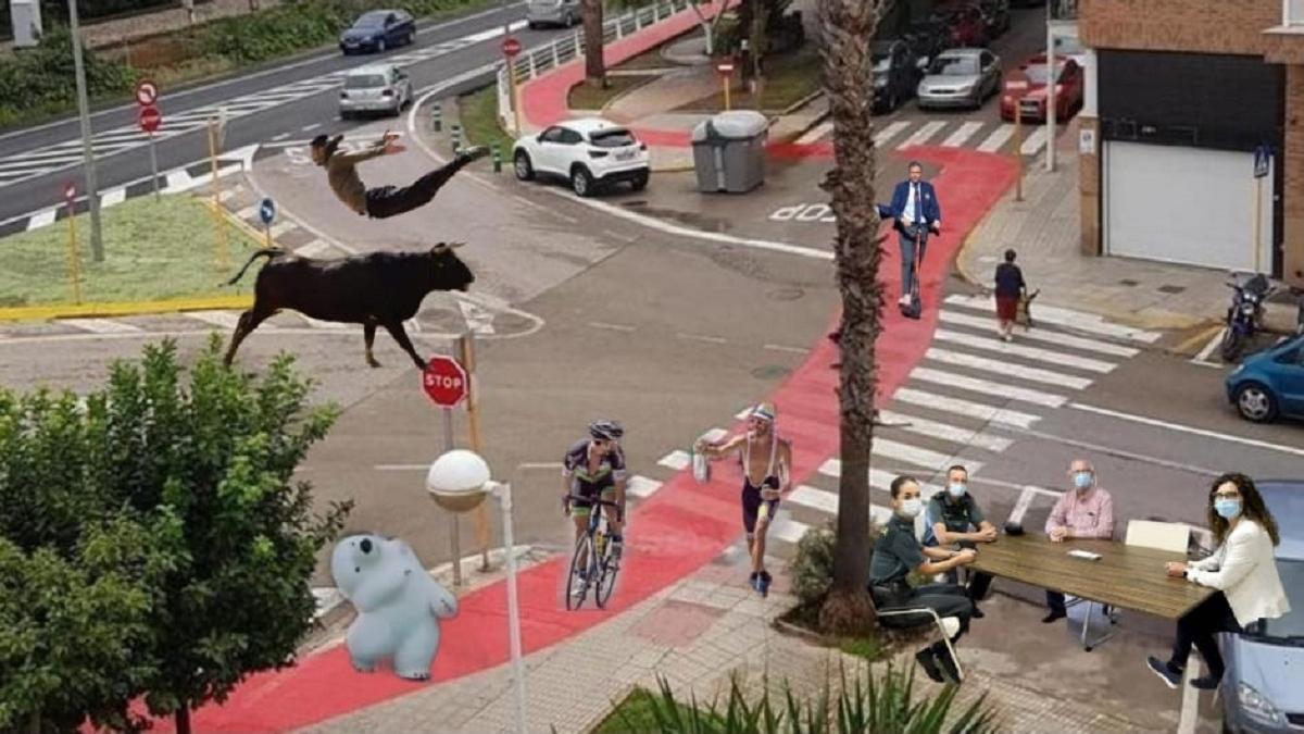 Recortadores, patinetes, señoras comprando y el oso de Cádiz en el carril bici de Paiporta