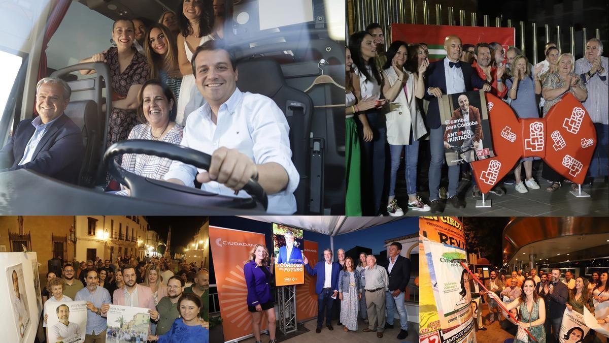 Fotomontaje del inicio de la campaña electoral con los candidatos de PP, PSOE, Hacemos Córdoba, Ciudadanos y Vox, en ese orden, de izquierda a derecha y de arriba a abajo.