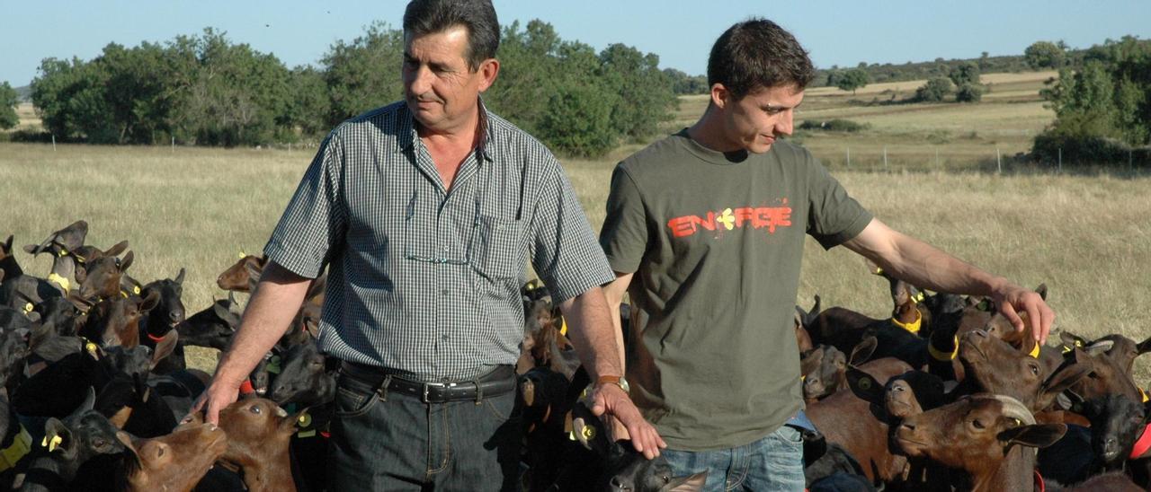 Santiago León junto a su hijo, los únicos ganaderos de caprino en la comarca de Tábara.