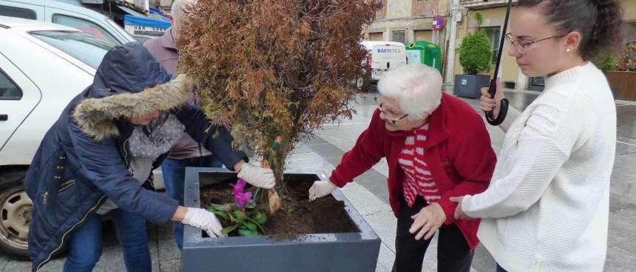 Elena Fernández y Rosario González, acompañada por la concejala Jennifer Fernández, preparan una de las macetas.