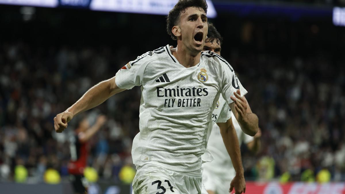 Jacobo Ramón celebra el gol de la victoria del Real Madrid contra el Mallorca.