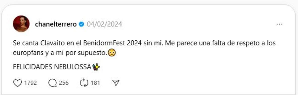 Chanel expresó su malestar en Threads tras no ser invitada a interpretar ‘Clavaíto’ en el Benidorm Fest 2024.