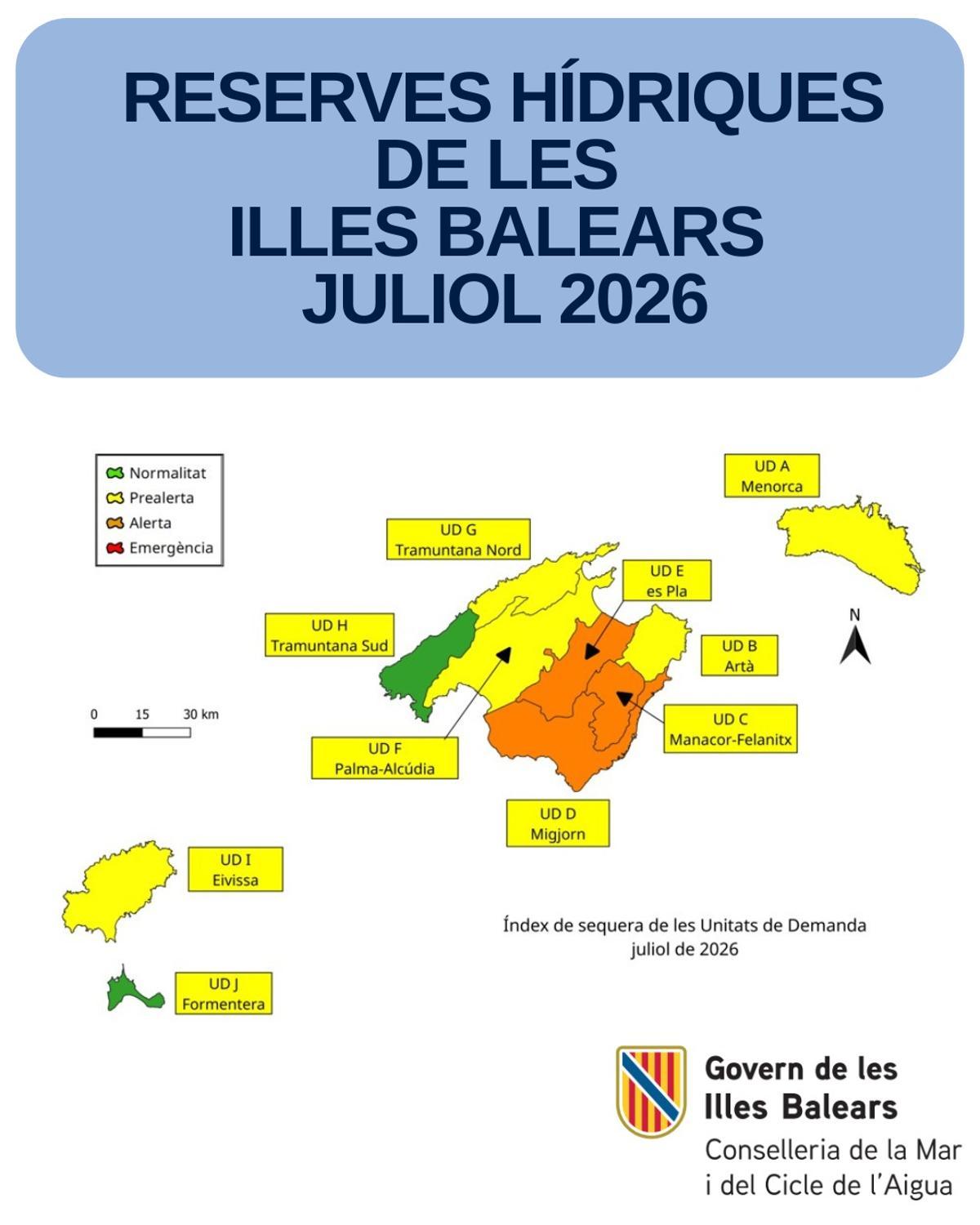 Mapa de las reservas hídricas de Baleares en julio de 2026