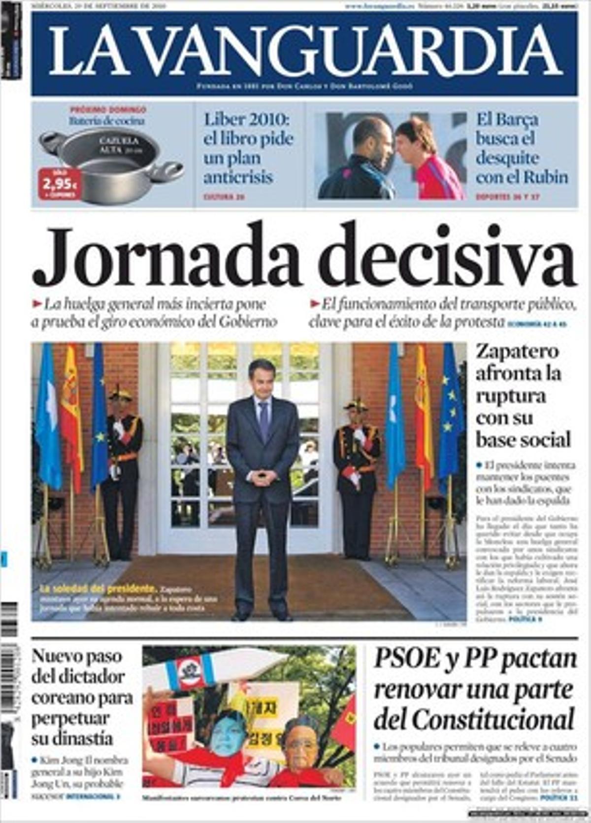 A més de primar la informació sobre la vaga, ’La Vanguardia’ destaca a dins l’auge a França d’un lloc d’internet dedicat a les relacions extraconjugals, i que a Espanya es tancaran tots els operadors que permetin jugar als menors ’on line’ i als 76.000 ludòpates exclosos del joc.