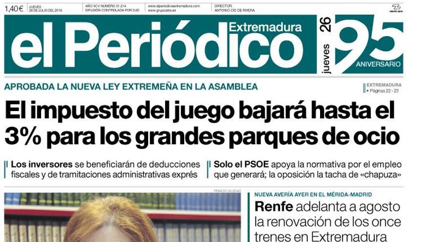 Esta es la portada de EL PERIÓDICO EXTREMADURA correspondiente al día 26 de julio del 2018