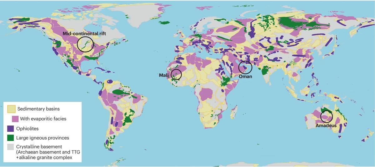 Mapa con la distribución mundial del hidrógeno subterráneo