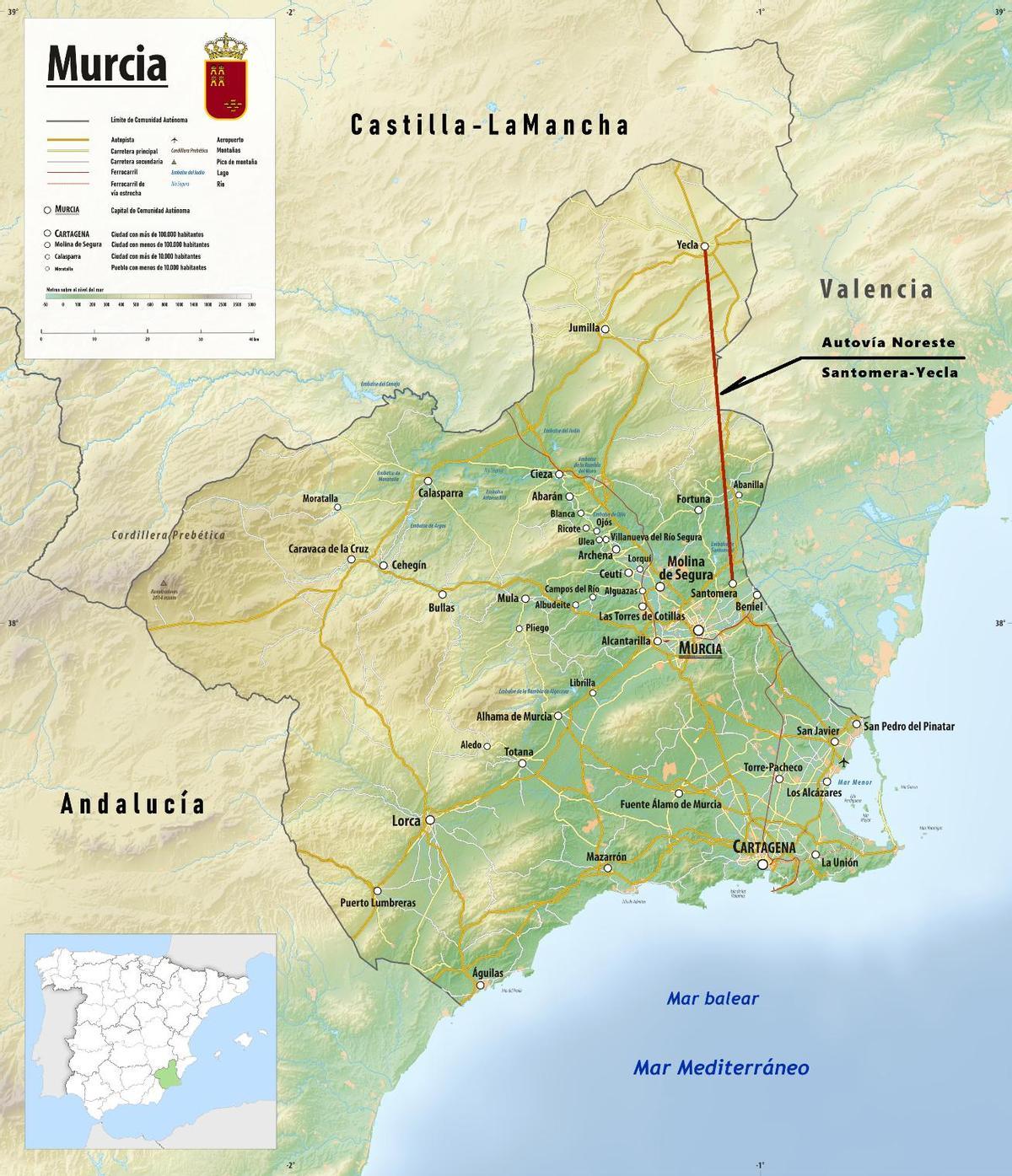 Mapa de la Región de Murcia en la que se ha señalizado en rojo el borrador de un trazado que debe servir de motor para la interconexión territorial y el desarrollo socioeconómico de Yecla, Abanilla y Fortuna entorno.