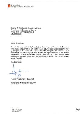 Al·legacions enviades per la Generalitat al Senat contra l’aplicació de l’article 155 a Catalunya.