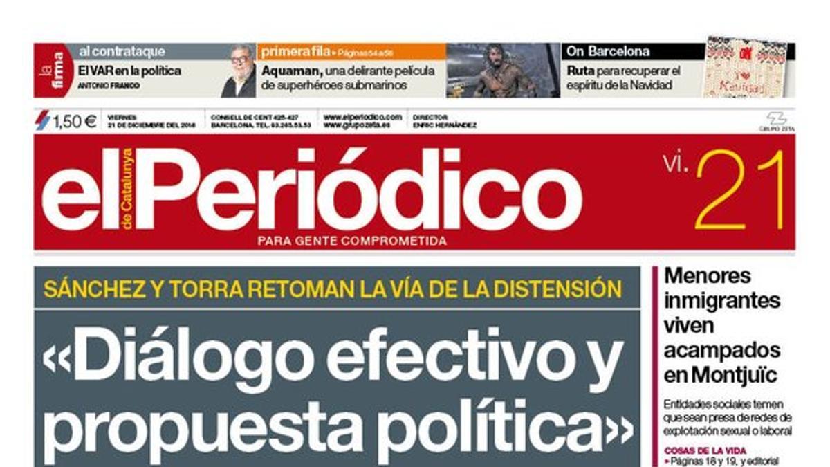 La portada de EL PERIÓDICO del 21 de diciembre del 2018