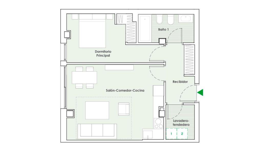 Piso de 1 Dormitorio. 48,89 m2 útiles. 65,99 m2 construidos. Garaje. Trastero. Desde 101.000€