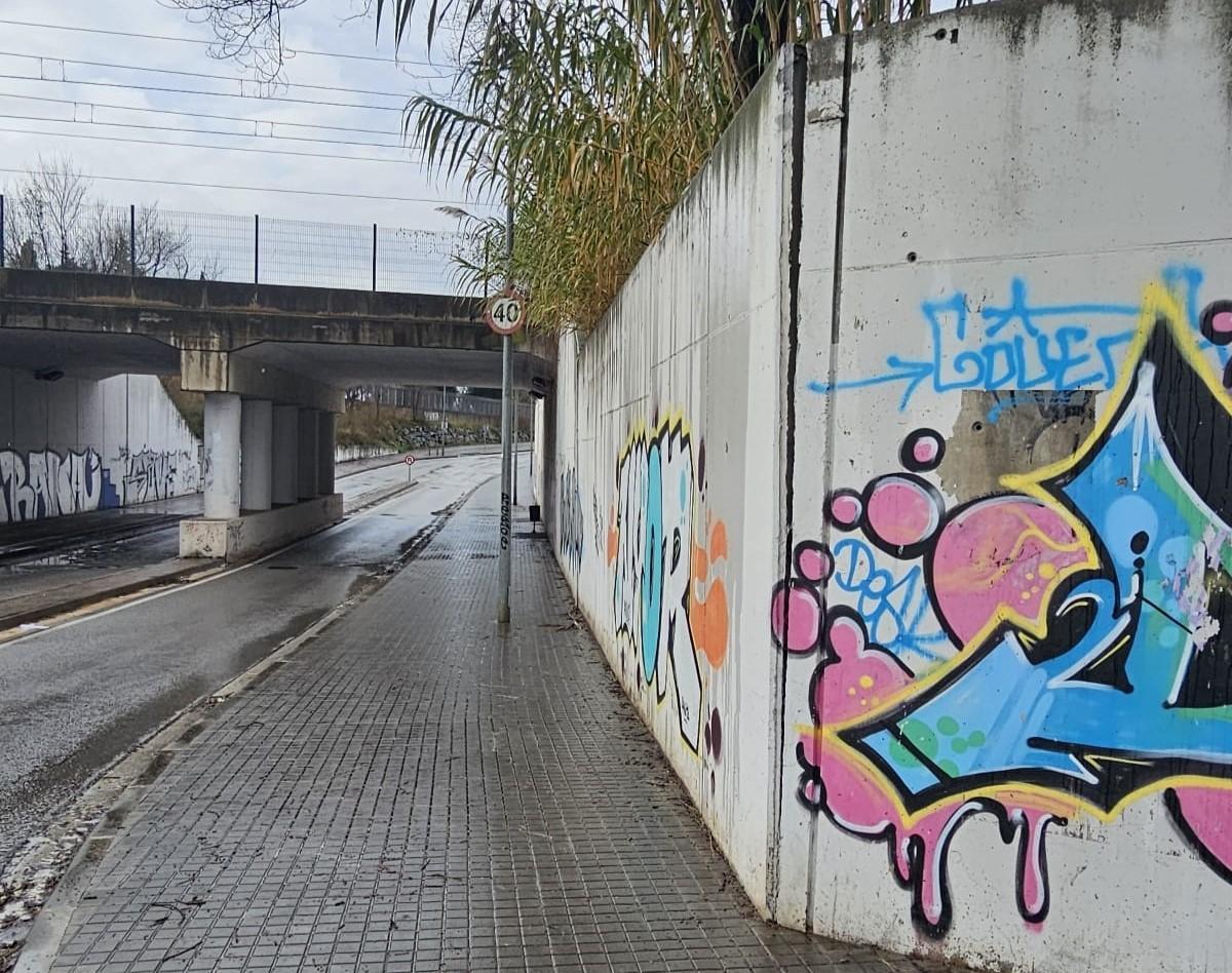 La grieta en un muro en Sant Adrià de Besòs, con la vía de Rodalies al fondo y en las inmediaciones de la Ronda Litoral.