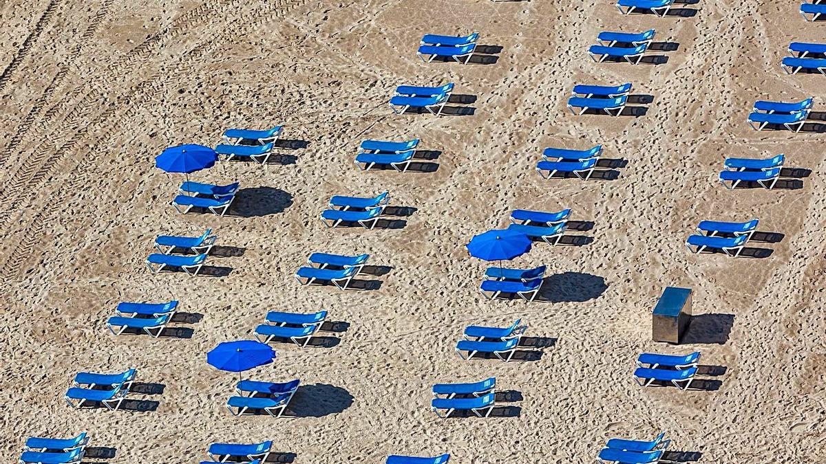 Hamacas esperando turistas en la playa de Levante de Benidorm a finales de noviembre.