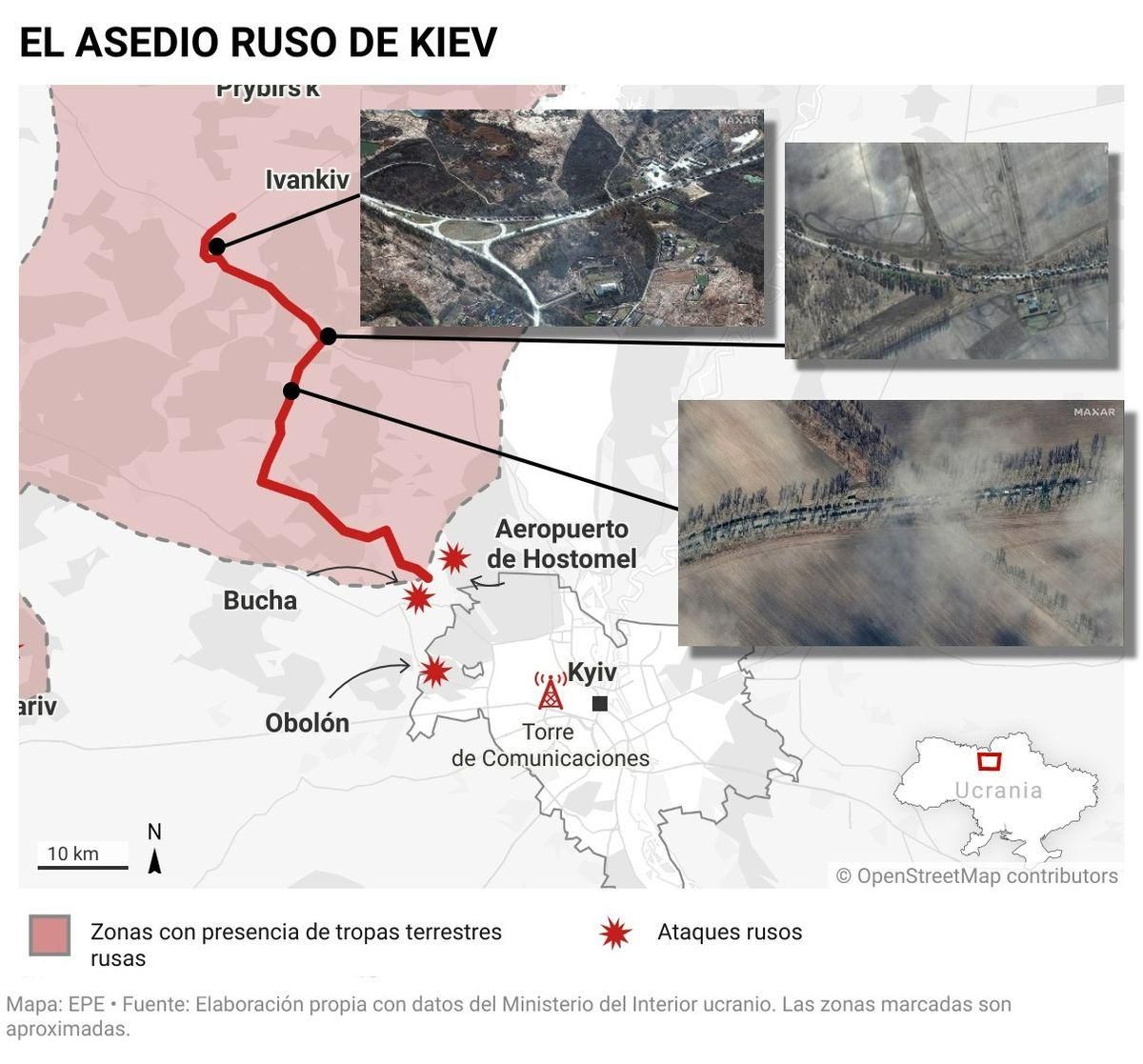 Columna de 64 kilómetros del ejercito ruso hacia Kiev.
