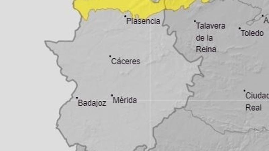 Mapa de la AEMET con el norte de Extremadura en alerta amarilla.