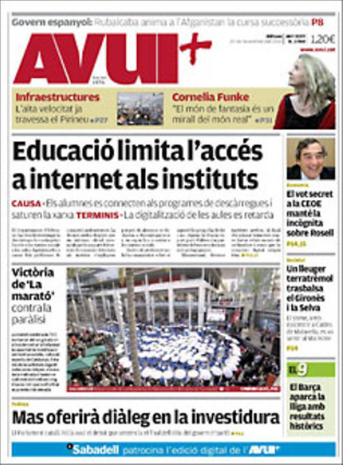 A més, l’’Avui’ dóna rellevància en pàgines interiors al fet que creix el debat intern al PSC sense esperar les municipals i que ICV porta al Parlament la polèmica sobre el cementiri nuclear que Ascó reclama que se li adjudiqui. També que les platges i la costa, els aiguamolls i les aus són els punts negres de la naturalesa a Catalunya.