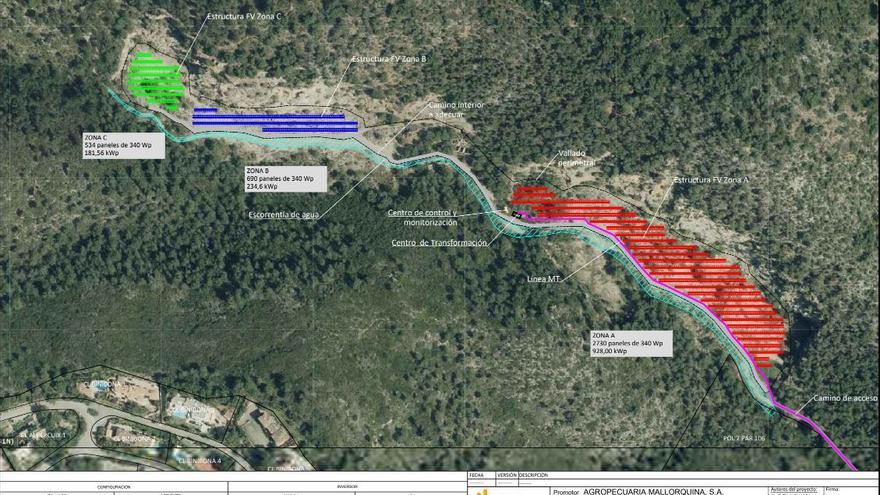 Plano de la macroinstalación fotovoltaica, dividida en tres áreas.