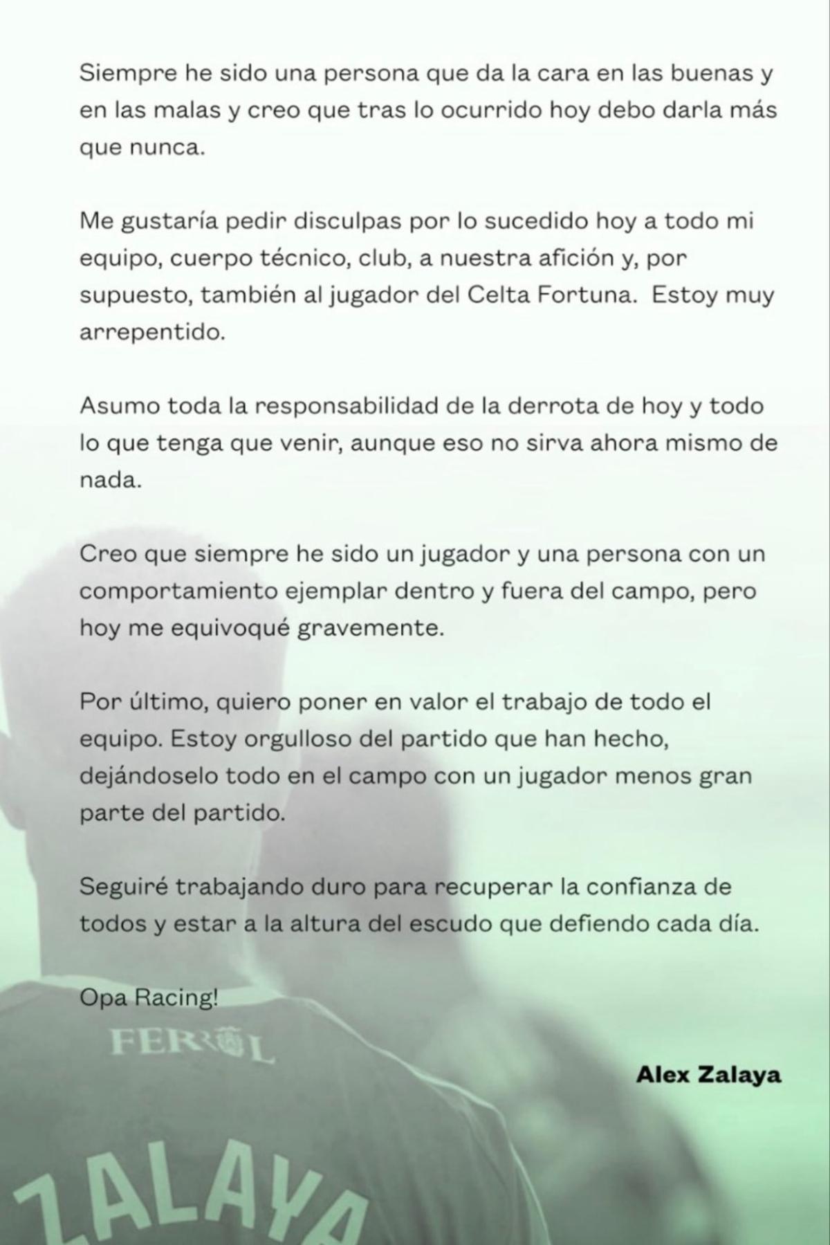 Carta de Álex zalaya en Instagran tras el partido.