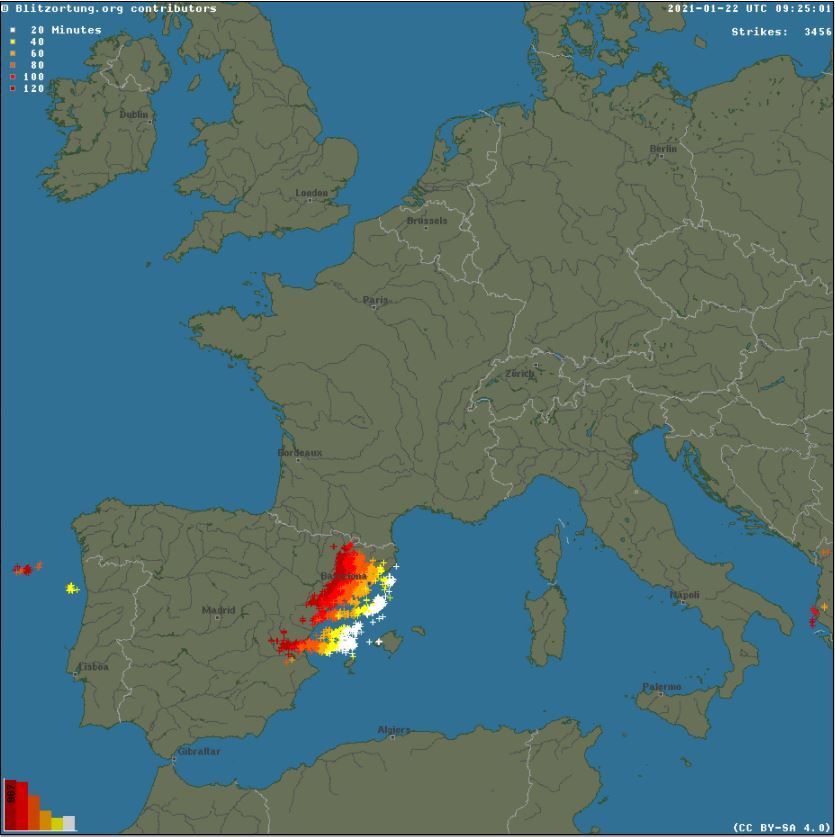 Imagen de las capturas de descargas eléctricas durante una tormenta y que detecta el dispositivo