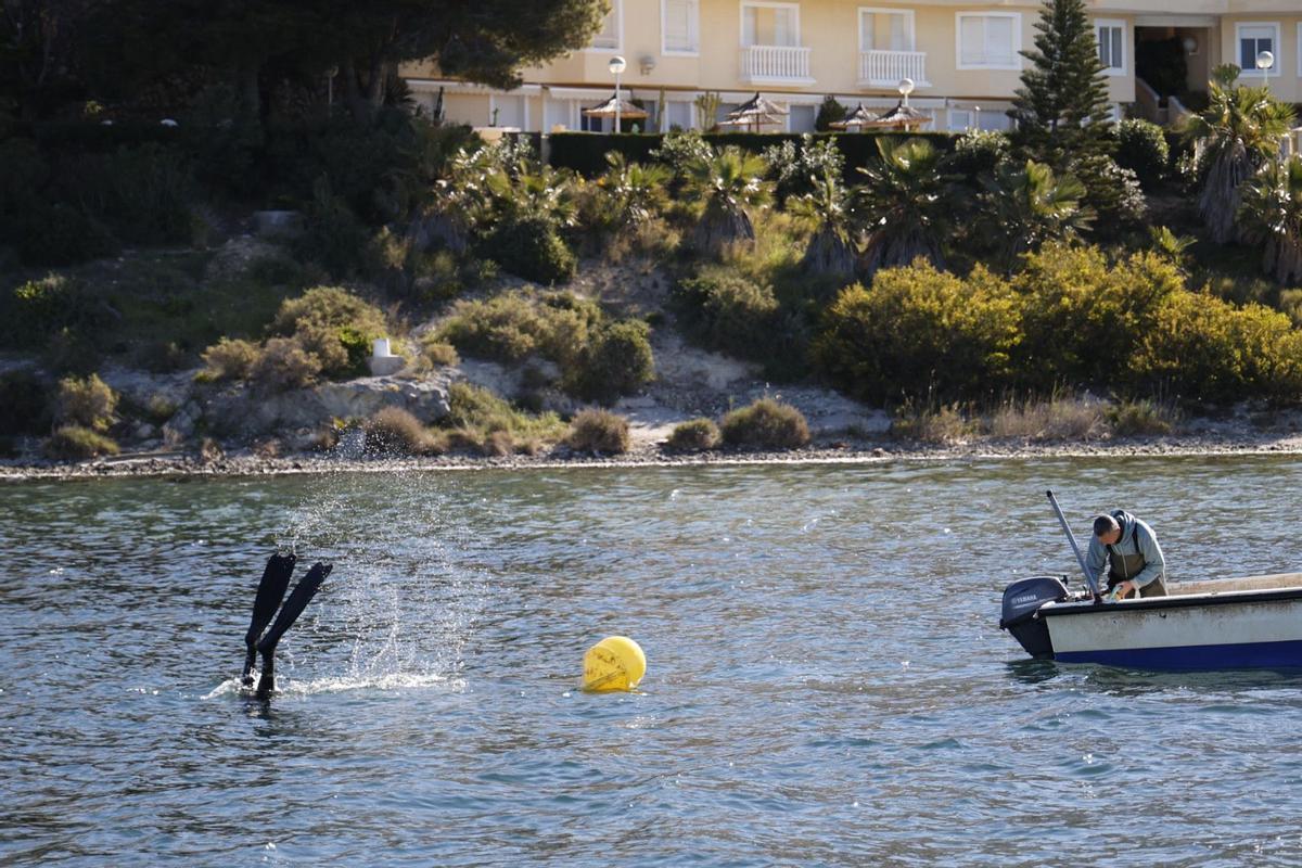 Un buzo salta al agua para instalar las balizas