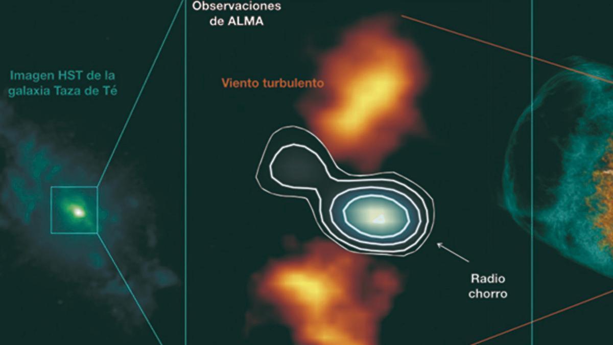 Imagen de la galaxia Taza de Té y sus vientos turbulentos creadores de burbujas.