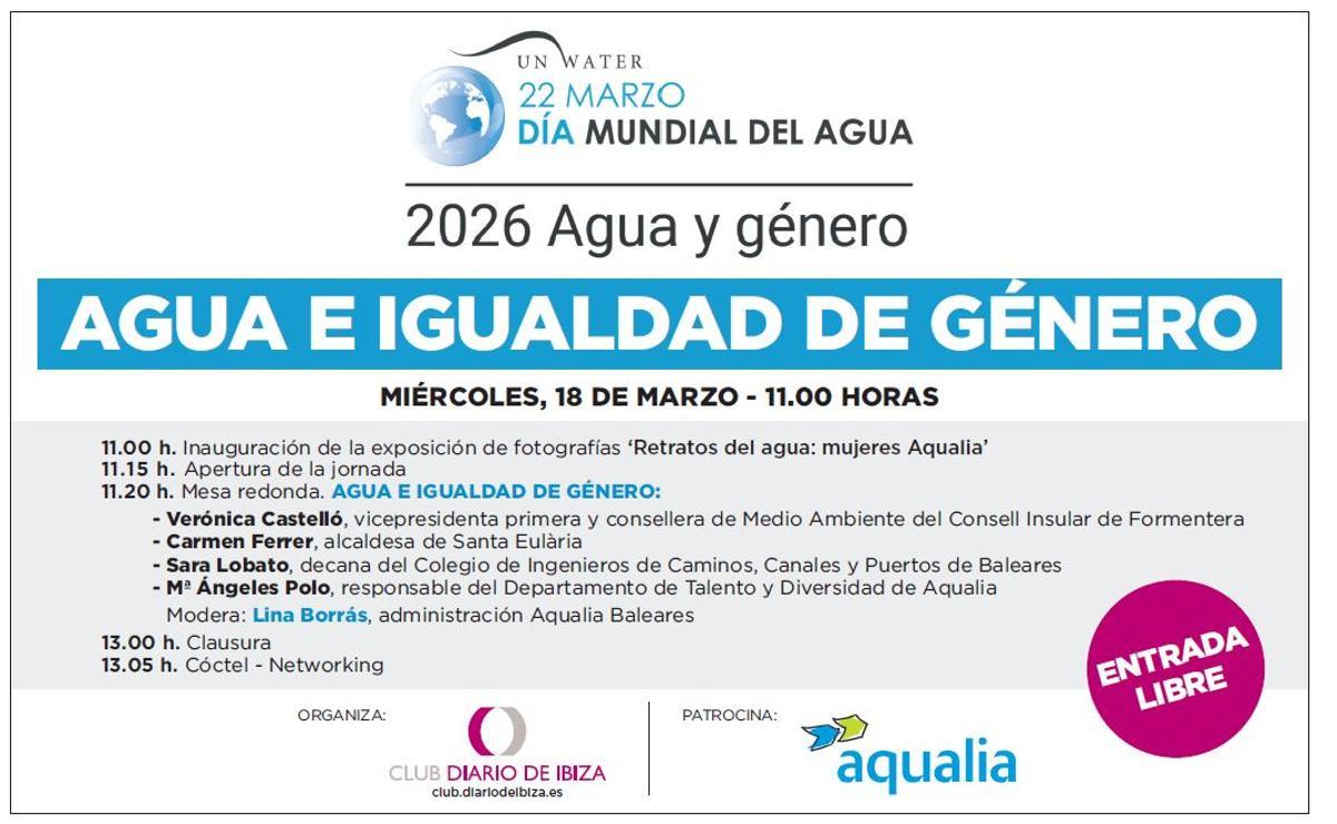 Programa de la jornada Agua igualdad de género que se celebrará el 18 de marzo a las 11 horas en el Club Diario de Ibiza