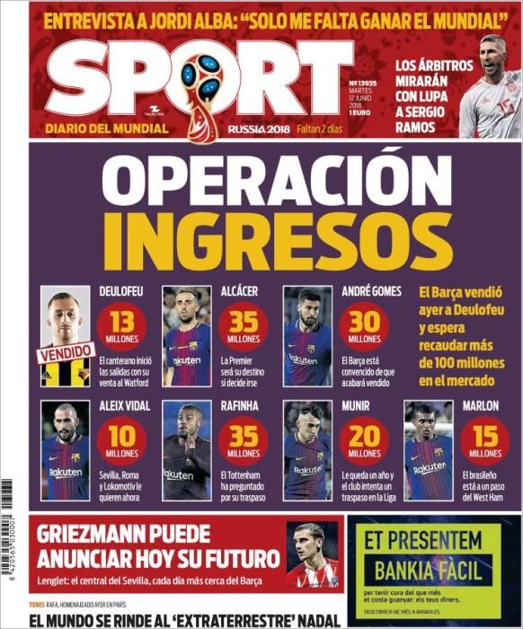 Portada SPORT martes 12 de junio de 2018