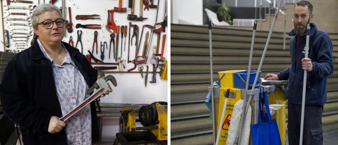 Silvia Puchades, en el  taller donde guarda  sus herramientas de  fontanera y Daniel Pérez lleva  seis años como  empleado de limpieza  de una empresa. Fotos: Vicent.M. Pastor y Fernando Bustamante.