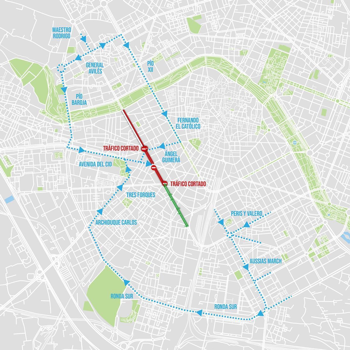 Desvíos habilitados por el cierre de la avenida de Giorgeta y Pérez Galdós