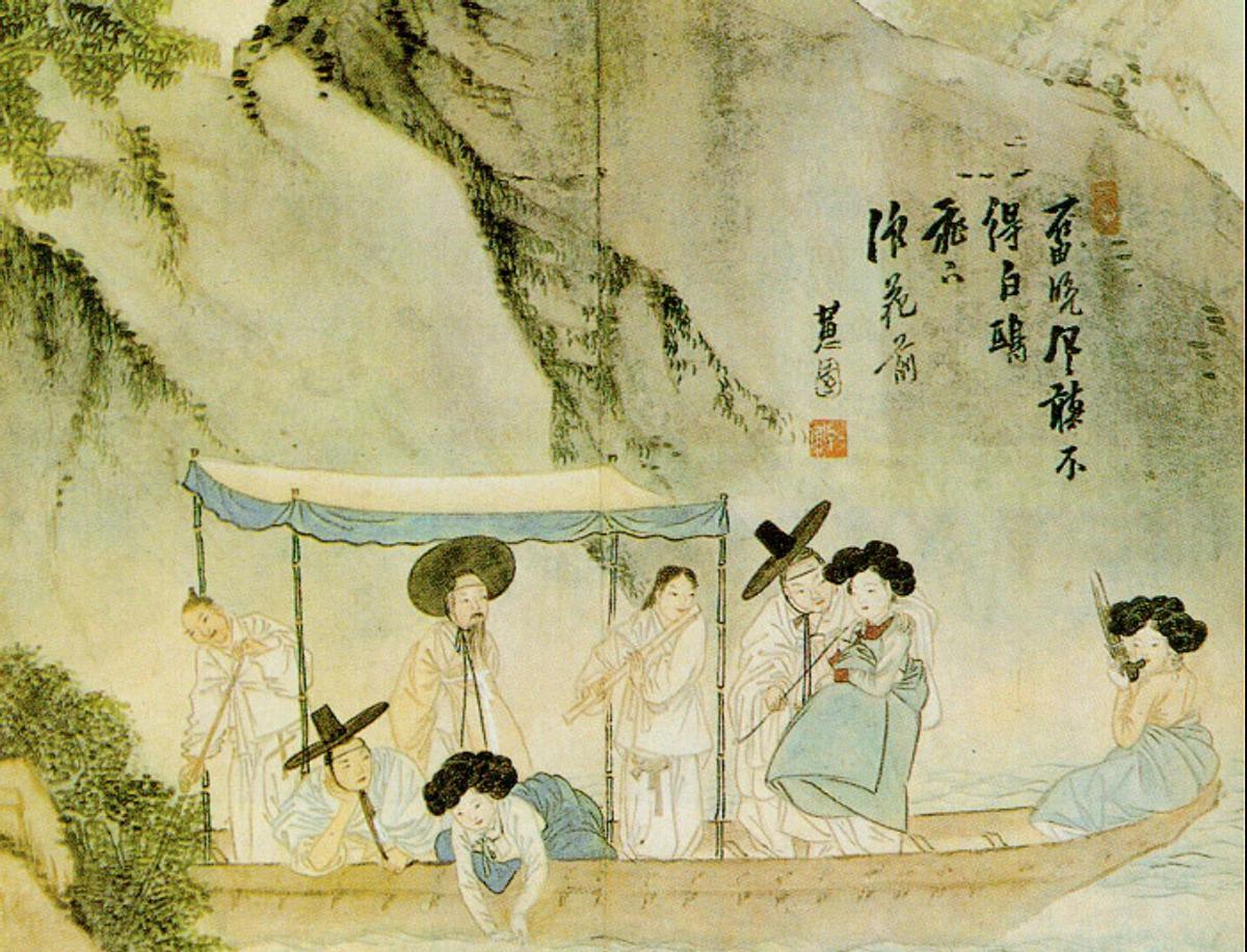 'Mujer tocando el saenghwang sobre un barco'. Pintura tradicional coreana, siglo XIX