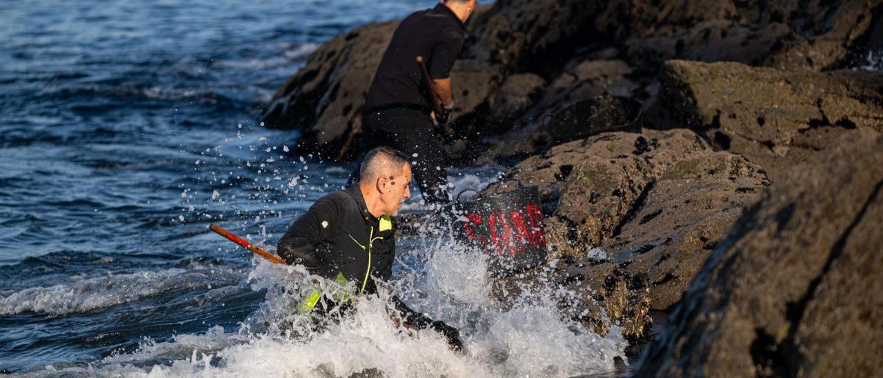 La recolección de mejilla (semilla) en las batidas rocas del litoral atlántico.