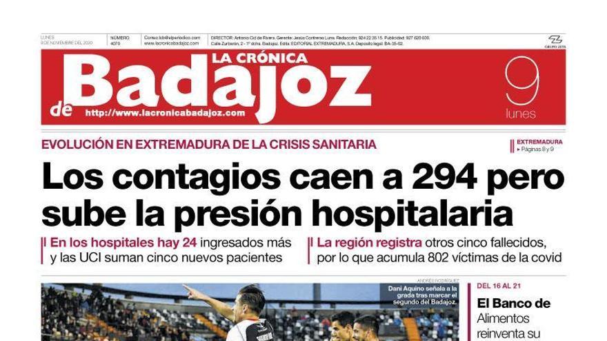 Esta es la portada de LA CRÓNICA DE BADAJOZ correspondiente al día 9 de noviembre del 2020