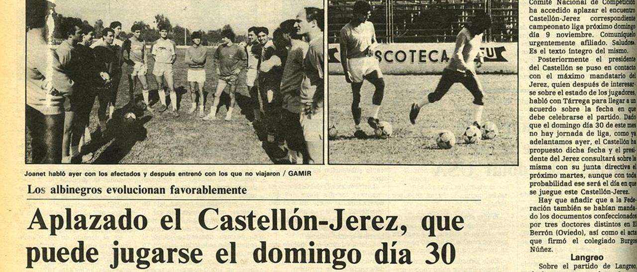 Artículo que recogía la suspensión del Castellón-Jerez de liga en 1986.