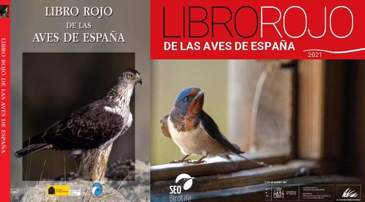 Las portadas del Libro Rojo de las Aves de España de 2004 (izquierda) con una fotografía de un águila perdicera (Aquila fasciata) y del la versión de 2021 (derecha) con una golondrina común (Hirundo rustica) ilustra bien el cambio de tendencia de muchas especies ya no ‘tan comunes’.