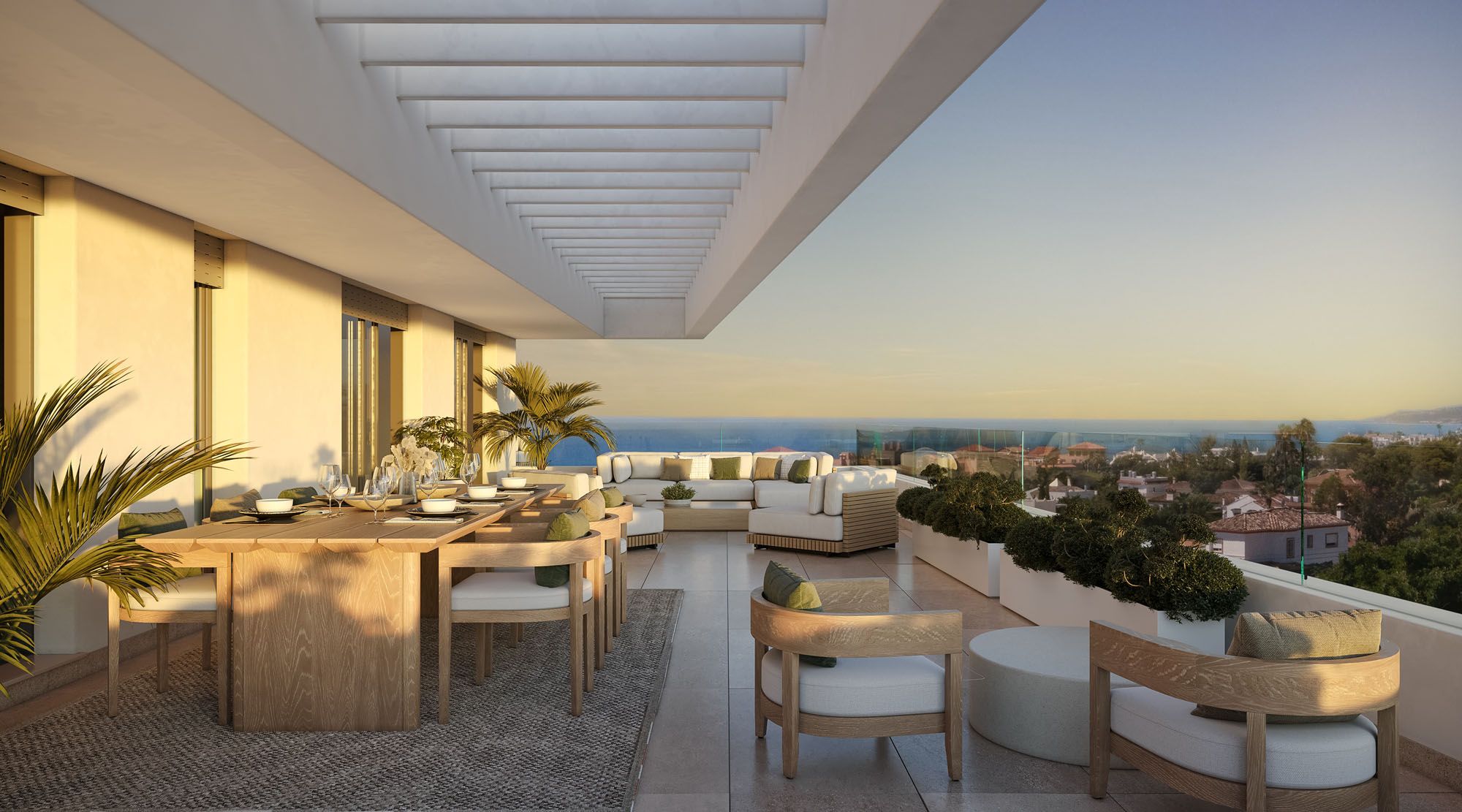 Gran terraza de una de las futuras viviendas de la promoción Zenity Blau de AEDAS Homes en Estepona