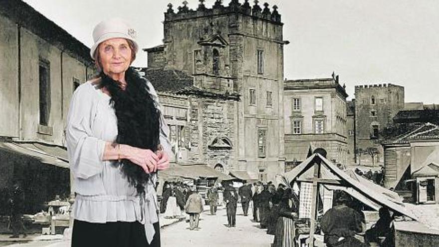 La Alcaldesa-sufragista, ante las llamadas «tiendas del aire» del viejo Gijón, con la capilla de San Lorenzo al fondo.