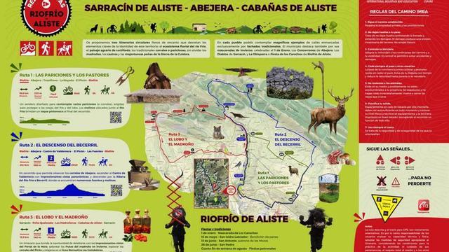 Flyer informativo de las rutas senderistas del municipio de Riofrío. A la izquierda, Germán Matellán, alcalde de Riofrío de Aliste. | CH. S.
